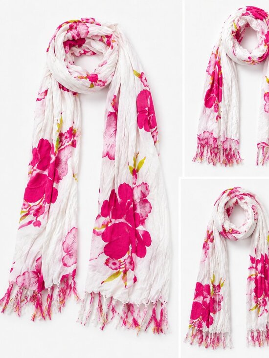 Accessories - Pink & White Tropical Floral Lightweight Fringe Scarf Wrap